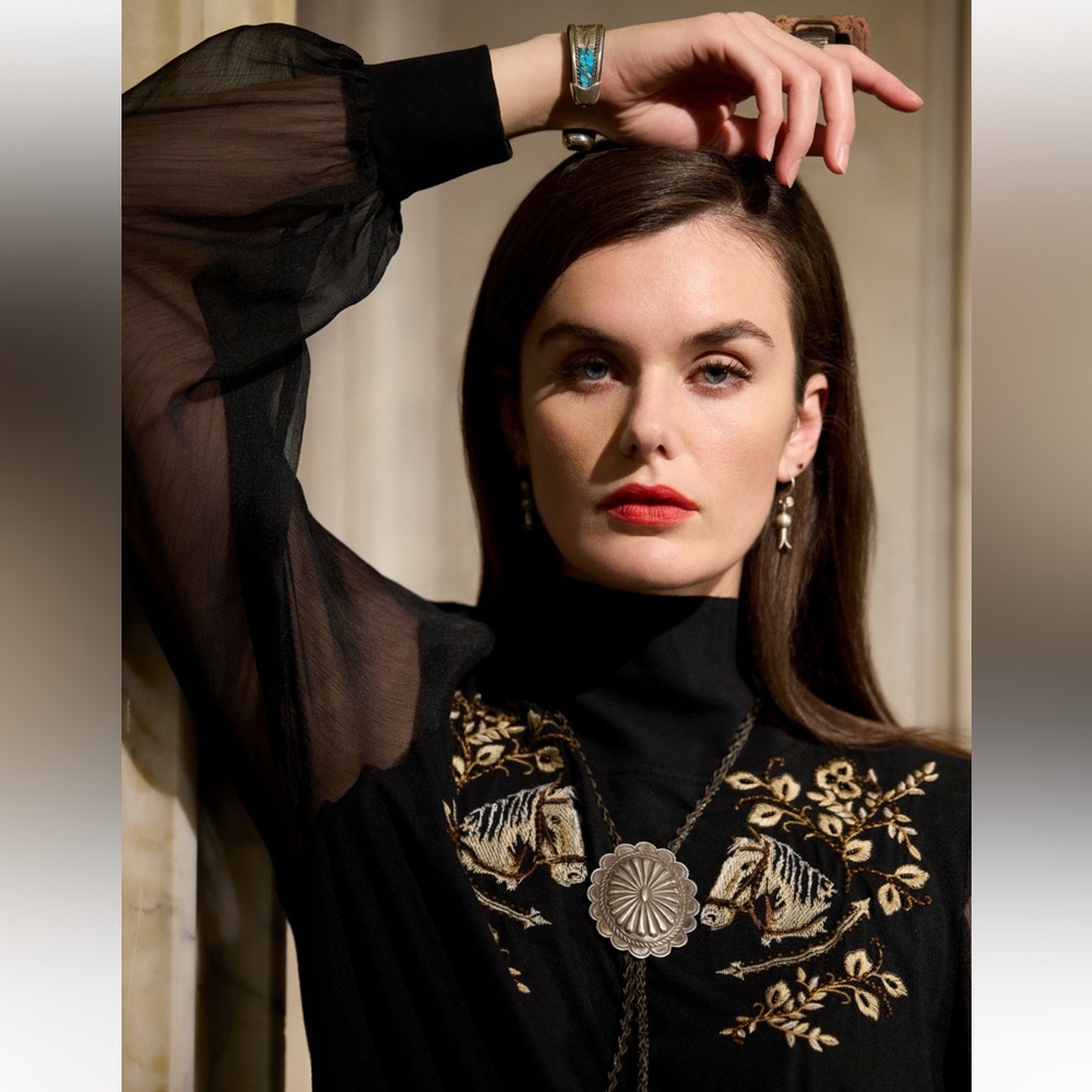 Double D Ranch Black and Gold Embellished Mock Neck Blouse - Long Ride Top - Picture 3 of 13